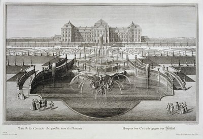 Weissenstein, view towards the castle from the Baroque cascade, engraved by Georg-Daniel Heumann, published 1728 by Salomon Kleiner